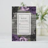 Invitation Roses violettes profondes Bois rustique Dentelle n (Debout devant)
