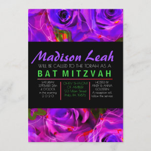 Invitation ROSES WATERCOLOR PURPLE NEON Bat mitzvah