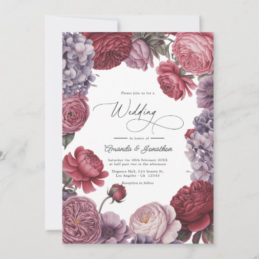 Invitation Rosewood and Dusty Lavender Floral Wedding Photo (Devant)