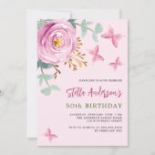 Invitation Rosier rose fleuri anniversaire vert papillon (Devant)