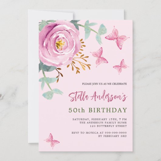 Invitation Rosier rose fleuri anniversaire vert papillon (Devant)