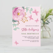 Invitation Rosier rose fleuri anniversaire vert papillon (Debout devant)