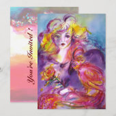 Invitation ROSINA / DAME AVEC ROSE ET PARROT Bleu rose (Devant / Derrière)