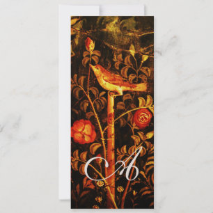 Invitation ROSSIGNOL AVEC MONOGRAMME DE ROSES, Rouge Noir Or