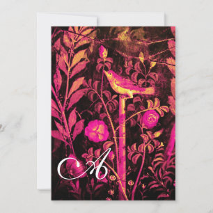 Invitation ROSSIGNOL AVEC MONOGRAMME ROSES, Rose Noir Jaune