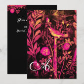 Invitation ROSSIGNOL AVEC MONOGRAMME ROSES, Rose Noir Jaune (Devant / Derrière)