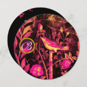 Invitation ROSSIGNOL SUR ROSES MONOGRAMME, Fuchsia Rose Noir (Devant / Derrière)