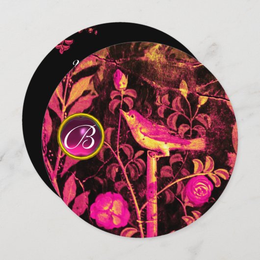 Invitation ROSSIGNOL SUR ROSES MONOGRAMME, Fuchsia Rose Noir (Devant / Derrière)