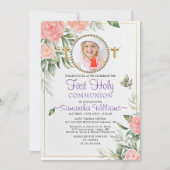 Invitation Rosy Aquarelle Blush Floral Première Communion (Devant)