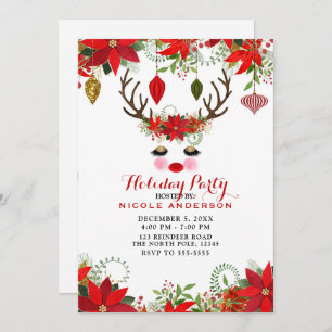Invitation Rosy Cheeks Gold Eyes Floral Reindeer Holiday