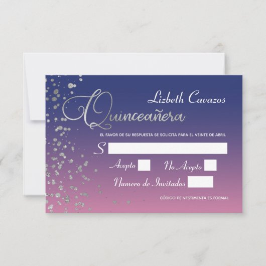 Invitation Rotation Bleu Violet Argent Confetti Quinceanera R (Devant)