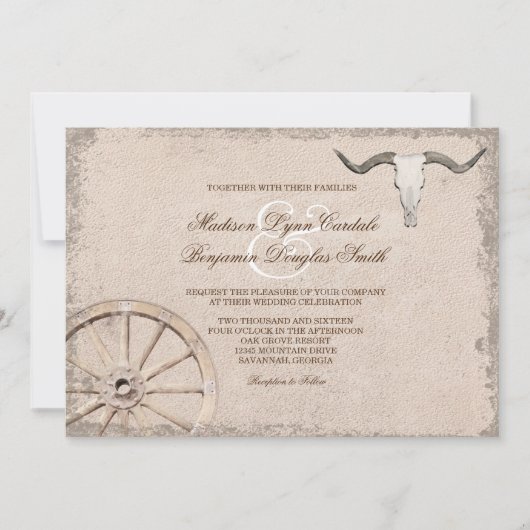 Invitation Roue en Wagon Rustique Longhorn Cowboy Mariage (Devant)