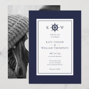Invitation Roue nautique bleu marine Monogramme Photo de mari