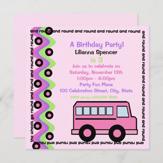 Invitation Roues de bus scolaires/ Rose (Devant / Derrière)
