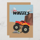 Invitation Roues de monstre orange, jaune, rouge, vert (Devant / Derrière)