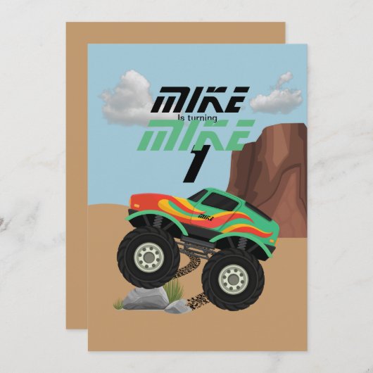 Invitation Roues Monster orange, jaune, rouge, vert bébé b (Devant / Derrière)