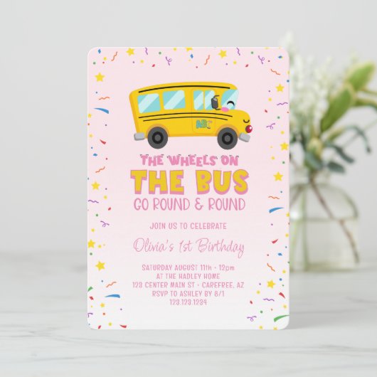 Invitation Roues roses dans le bus 1er anniversaire (Debout devant)