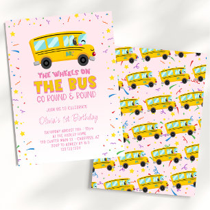 Invitation Roues roses sur le bus 1er anniversaire