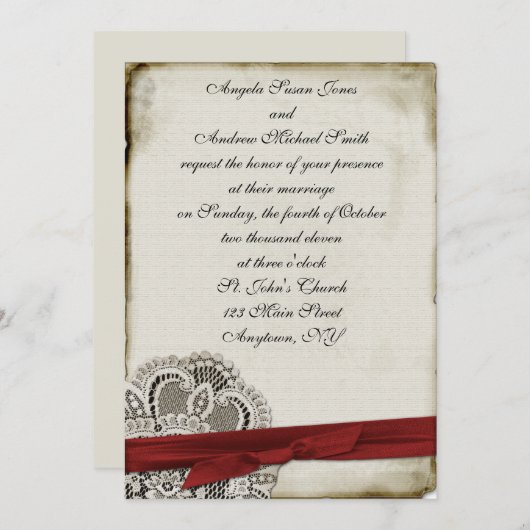 Invitation rouge à dentelle Vintage Heather (Devant / Derrière)