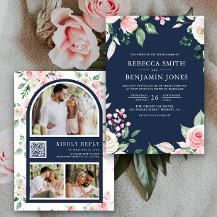 Invitation Rouge à joues Rose Floral Code QR Bleu marine Mari