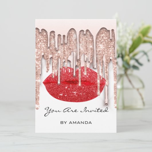 Invitation Rouge à Lèvres Rose Glitter Blanc Glam Fête 16ème (Debout devant)