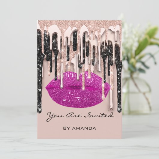 Invitation Rouge à lèvres rouge Kiss Party 16 ans Rose Paille (Debout devant)