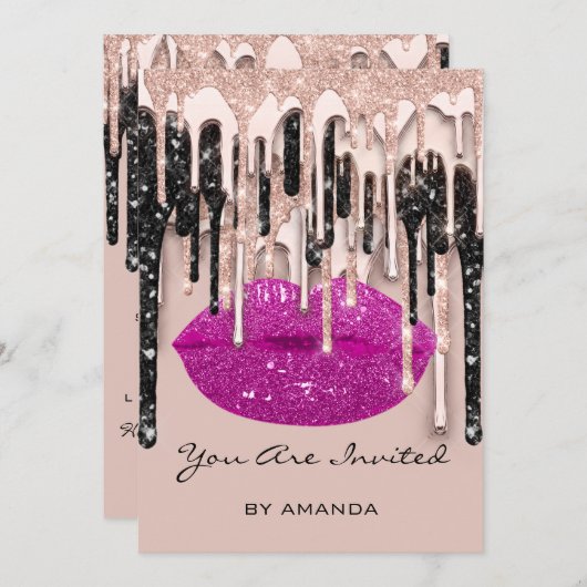 Invitation Rouge à lèvres rouge Kiss Party 16 ans Rose Paille (Devant / Derrière)