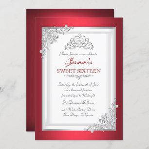 Invitation Rouge Argent Blanc Tiara Sweet 16 Anniversaire