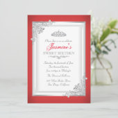 Invitation Rouge Argent Damask Tiara Sweet 16 Anniversaire (Debout devant)