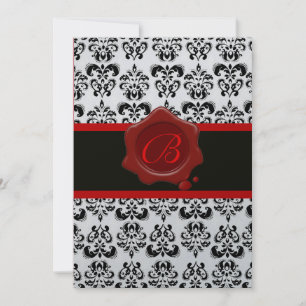 INVITATION ROUGE, ARGENT ET NOIR DAMAS , MONOGRAMME À SCEAU D