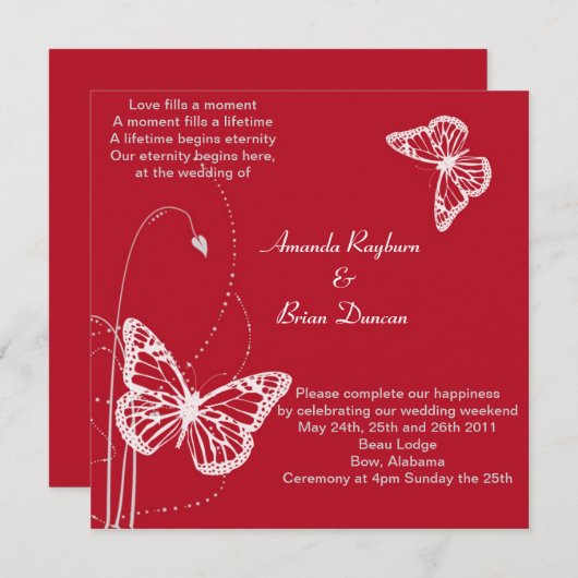 Invitation rouge avec les papillons blancs (Devant / Derrière)