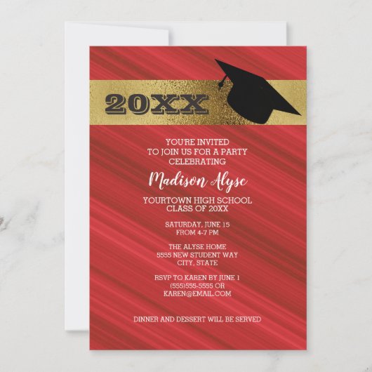 Invitation Rouge avec l'or et la fête de la casquette de grad (Devant)