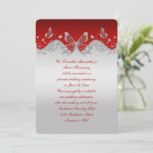 Invitation Rouge avec papillons argentés ornés réception uniq (Debout devant)