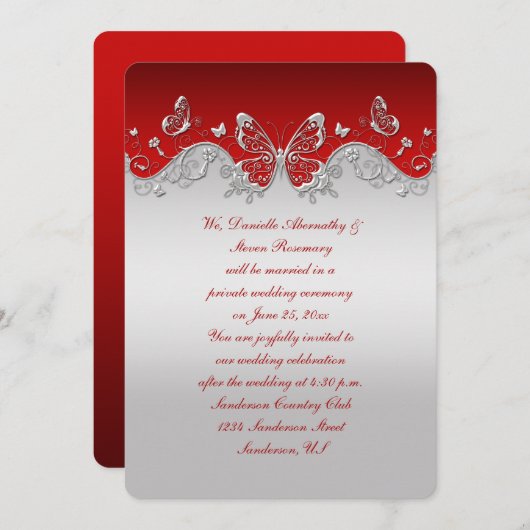 Invitation Rouge avec papillons en argent orné Réception seul (Devant / Derrière)