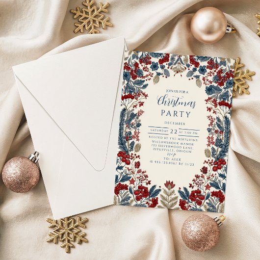 Invitation Rouge Baie & Bleu Pin Noël