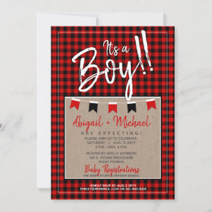 Invitation Rouge + Black Baby Boy Plaid Lumberjack Baby showe