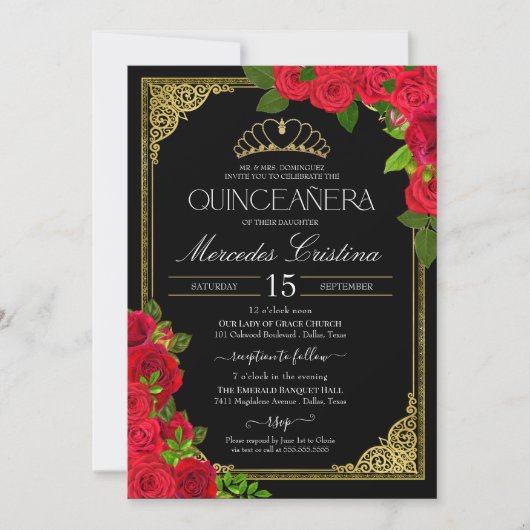 Invitation Rouge Black & Gold Elegant Rose Quinceanera (Devant)