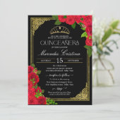 Invitation Rouge Black & Gold Elegant Rose Quinceanera (Debout devant)