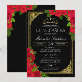 Invitation Rouge Black & Gold Elegant Rose Quinceanera (Devant / Derrière)