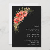 Invitation Rouge Black Gold Fleurs de pavot Code QR Mariage p (Devant)