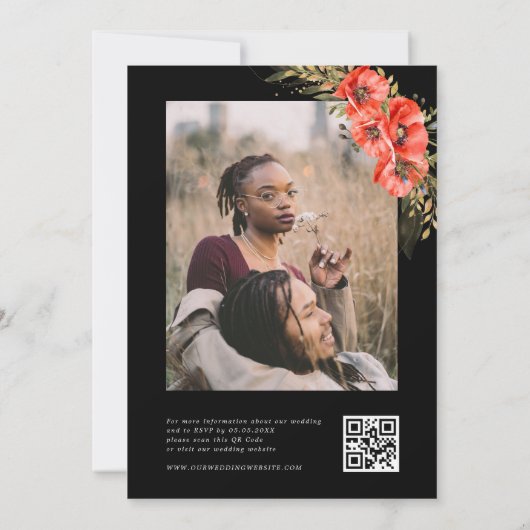 Invitation Rouge Black Gold Fleurs de pavot Code QR Mariage p (Dos)