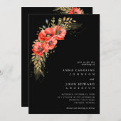 Invitation Rouge Black Gold Fleurs de pavot Code QR Mariage p (Devant / Derrière)