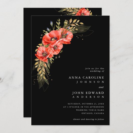 Invitation Rouge Black Gold Fleurs de pavot Code QR Mariage p (Devant / Derrière)