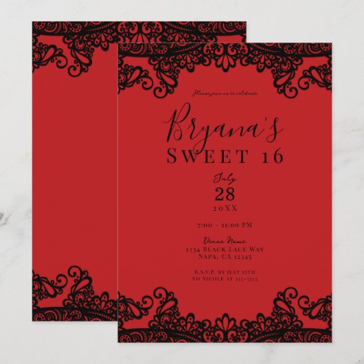 Invitation Rouge & Black Lace Masquerade Sweet 16  (Devant / Derrière)