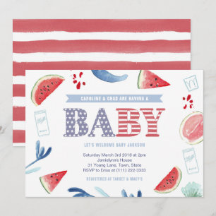 Invitation Rouge Blanc Bleu Baby shower Couples