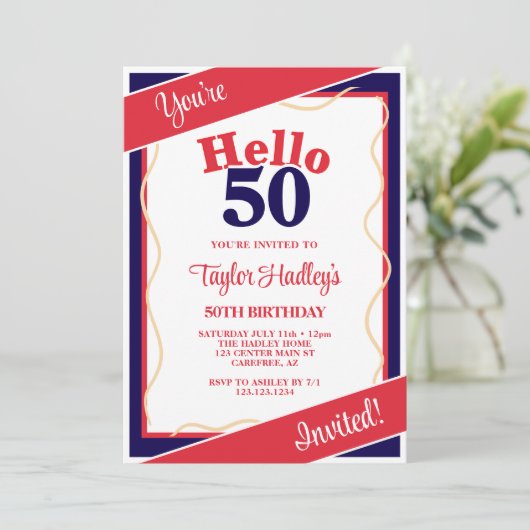 Invitation Rouge Blanc & Bleu Bonjour 50ème Anniversaire Invi (Debout devant)