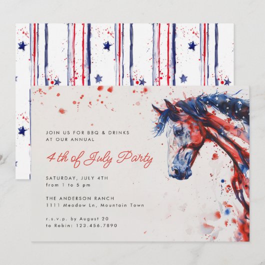 Invitation Rouge Blanc Bleu Cheval Equestre 4 juillet fête (Devant / Derrière)