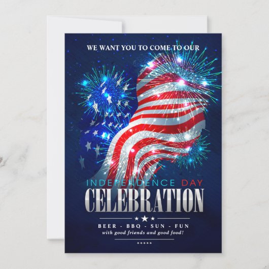 Invitation Rouge, Blanc, Bleu Feu d'artifice 4 juillet (Devant)