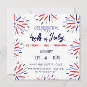 Invitation Rouge Blanc Bleu Feux 4 juillet Fête d'été (Devant)