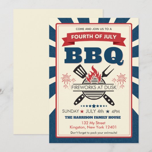 Invitation Rouge Blanc Bleu Juillet 4 Fête du barbecue du Par (Devant / Derrière)